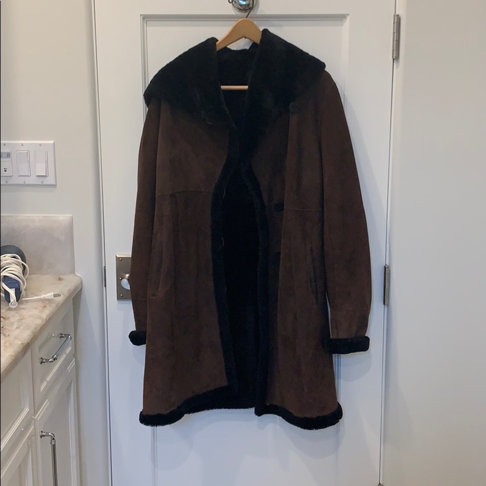 Brown suede and black hooded shearling coat